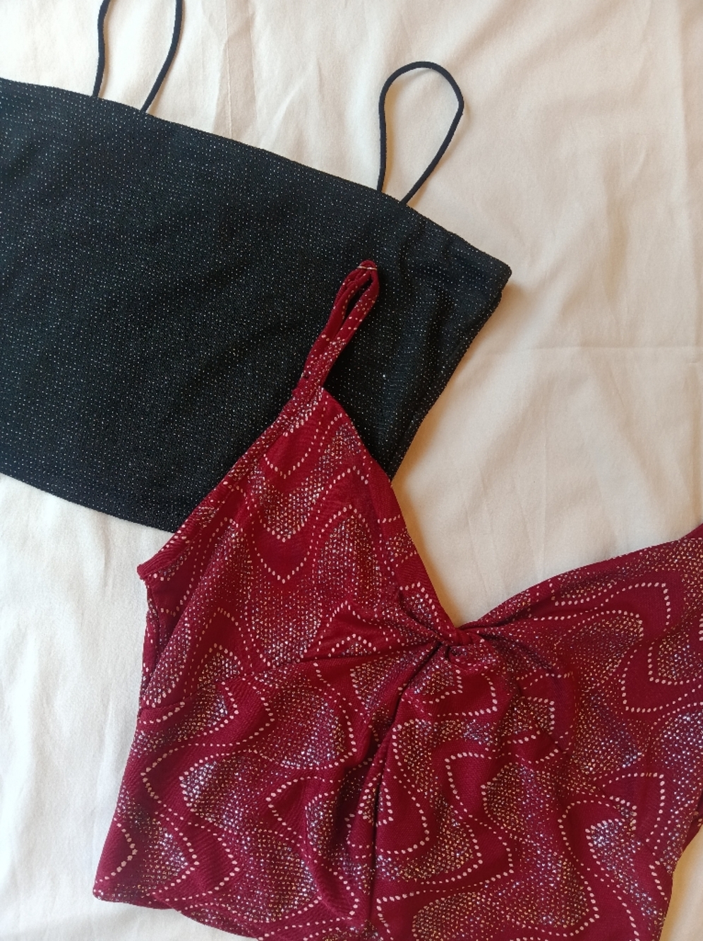y2k it-girl cami duo ✧ red rhinestone swirl + black micro-glitter tanks